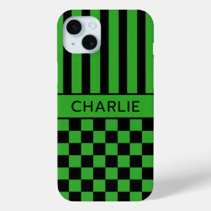 Zwart en groen geruit gestreept gepersonaliseerd iPhone 15 mini hoesje