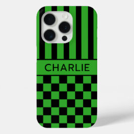 Zwart en groen geruit gestreept gepersonaliseerd iPhone 15 pro case