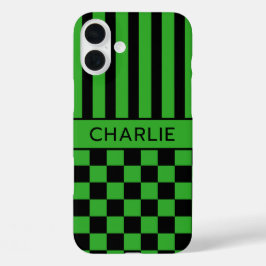 Zwart en groen geruit gestreept gepersonaliseerd iPhone 16 plus hoesje