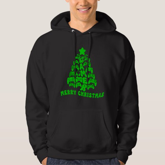 Zwart en Groen Kerstboom met Controllers Hoodie (Voorkant)