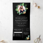 Zwart en Groen Palmbladeren Krans Foto Bruiloft Drieluik Uitnodiging (Binnen)