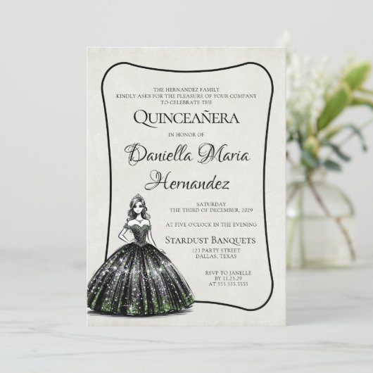 Zwart en groen Quinceañera Kaart (Staand voorkant)