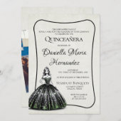 Zwart en groen Quinceañera Kaart (Voorkant / Achterkant)