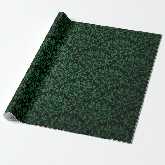 Zwart en groen rustiek damast drukwerk cadeaupapier (Uitgerold)