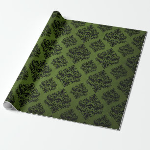 Zwart en groen rustiek damastprint cadeaupapier