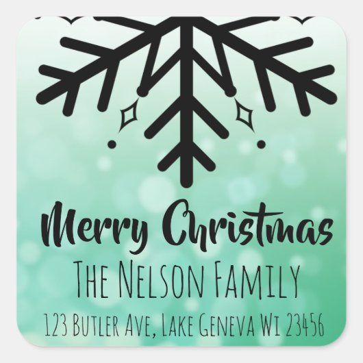 Zwart en Groen Sneeuwvlok Gepersonaliseerde Kerstm Vierkante Sticker (Voorkant)