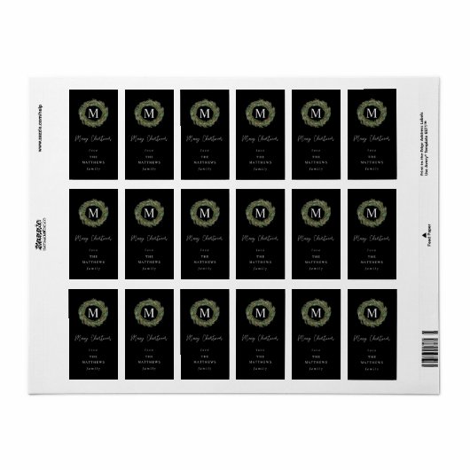 Zwart en groot monogram prettig kerstlabel etiket (Full Sheet)