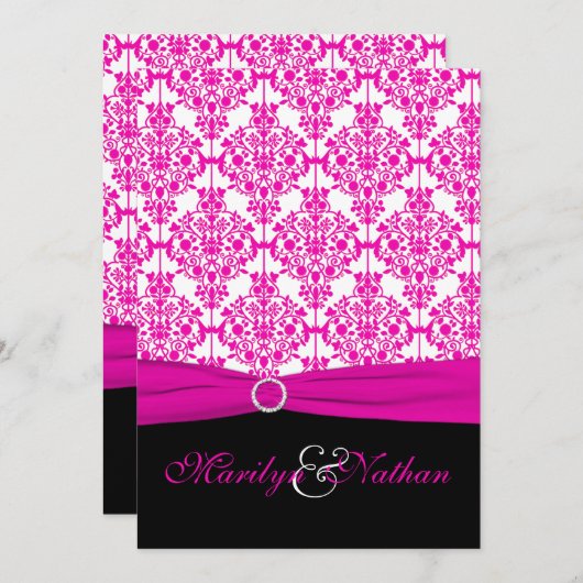 Zwart en Heet Roze Damast Bruiloft Uitnodiging (Voorkant / Achterkant)