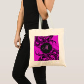 Zwart En Heet Roze Elegant Bloemen Swirls-Monogram Tote Bag (Voorkant (product))