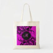 Zwart En Heet Roze Elegant Bloemen Swirls-Monogram Tote Bag (Voorkant)