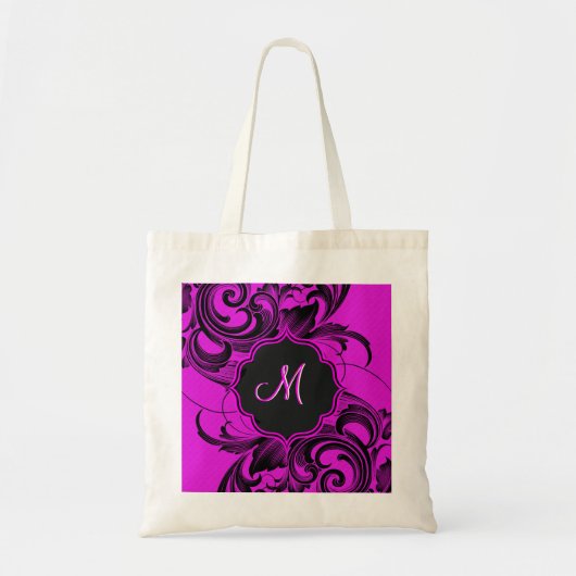 Zwart En Heet Roze Elegant Bloemen Swirls-Monogram Tote Bag (Voorkant)