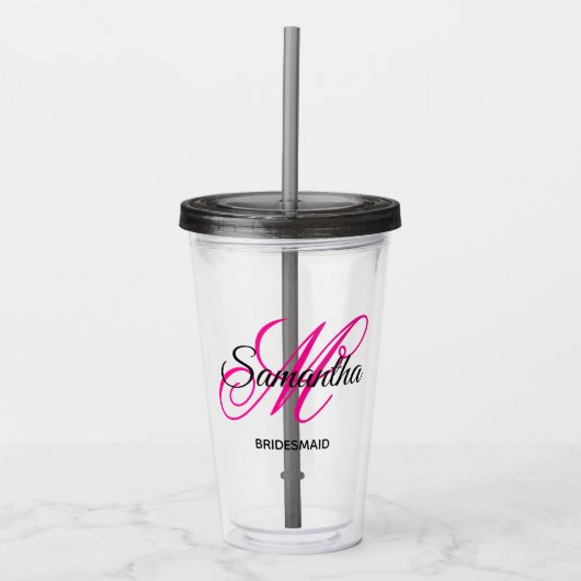 Zwart en heet roze fancy monogram bruidsmeisje acryl drinkbeker (Voorkant)