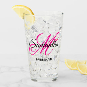 Zwart en heet roze fancy monogram bruidsmeisje glas