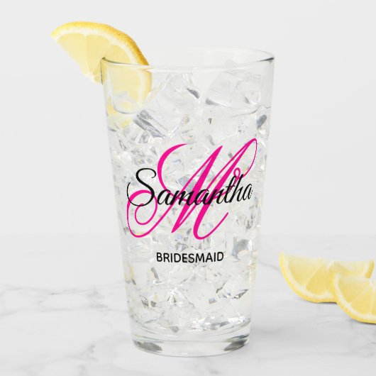 Zwart en heet roze fancy monogram bruidsmeisje glas (Voorkant ijs)