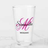 Zwart en heet roze fancy monogram bruidsmeisje glas (Voorkant)