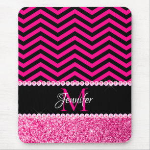 Zwart en heet roze glinsterende Chevron Monogram Muismat