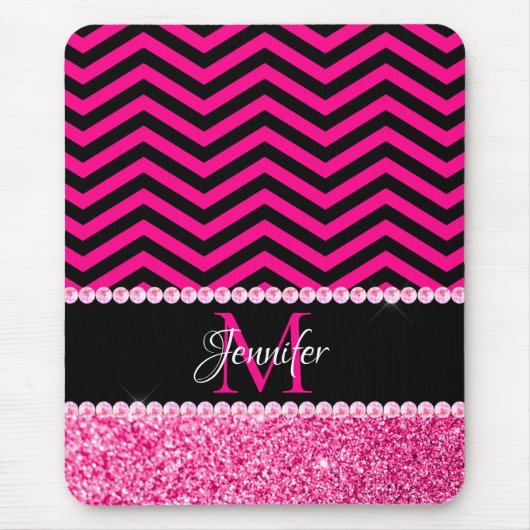 Zwart en heet roze glinsterende Chevron Monogram Muismat (Voorkant)