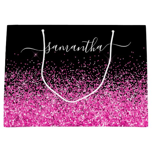 Zwart en Heet Roze Glitter Elegante Naam Groot Cadeauzakje (Voorkant)