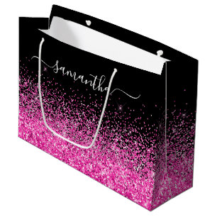 Zwart en heet roze glitters elegante naam groot cadeauzakje