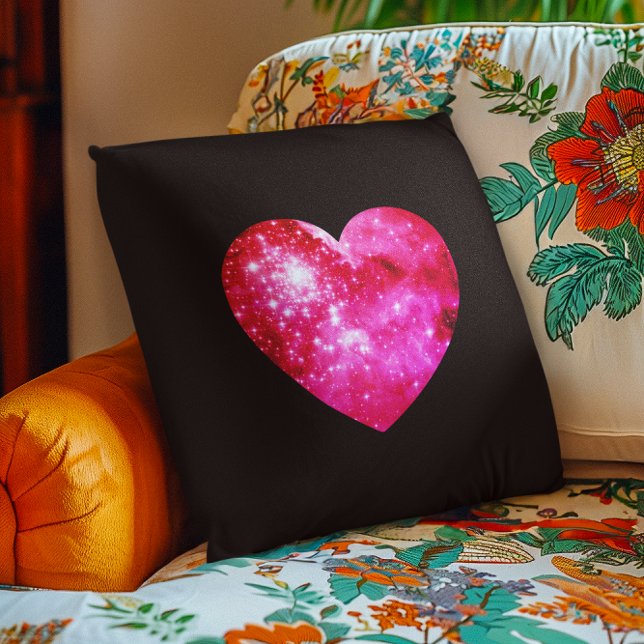 Zwart en heet roze hemels hart kussen (Black and Hot Pink Celestial Heart Throw Pillow)