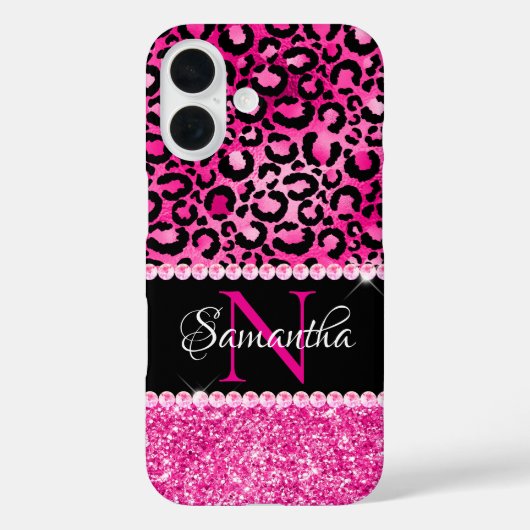 Zwart en heet roze luipaardvlek glamour monogram Case-Mate iPhone case (Achterkant)