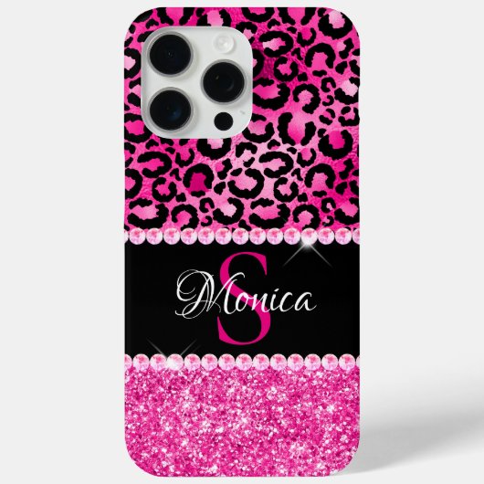 Zwart en heet roze luipaardvlek glamour monogram Case-Mate iPhone case (Achterkant)