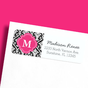 Zwart en heet roze trendy damast aangepaste monogr etiket
