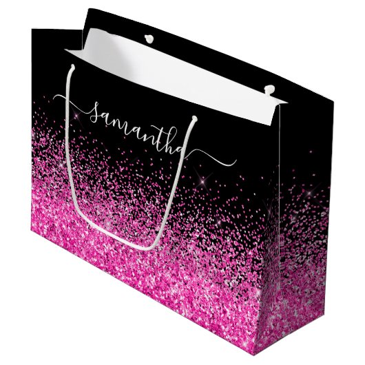 Zwart en hete roze glitters elegante naam groot cadeauzakje (Voorkant Gekanteld)