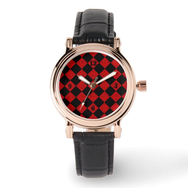 Zwart en hombre rood diamant dammen patroon horloge (Voorkant)
