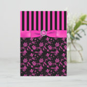 Zwart en Hot-Pink Gestreept en Jeweled Invitation Kaart (Staand voorkant)