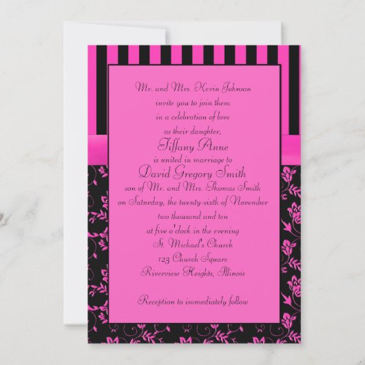 Zwart en Hot-Pink Gestreept en Jeweled Invitation Kaart (Achterkant)