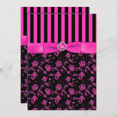 Zwart en Hot-Pink Gestreept en Jeweled Invitation Kaart (Voorkant / Achterkant)