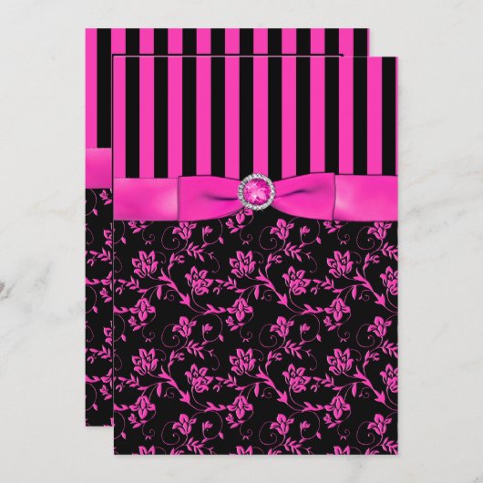 Zwart en Hot-Pink Gestreept en Jeweled Invitation Kaart (Voorkant / Achterkant)