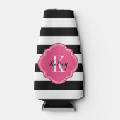 Zwart en Hot Pink Preppy Stripes Monogram Flesjeskoeler (Voorkant)