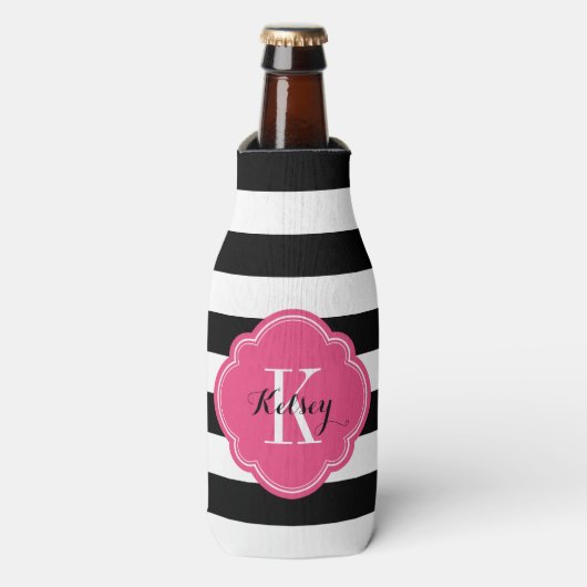 Zwart en Hot Pink Preppy Stripes Monogram Flesjeskoeler (Fles Voorkant)