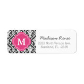 Zwart en Hot Pink Trendy Damask Custom Monogram Etiket (Voorkant)