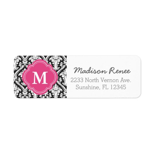 Zwart en Hot Pink Trendy Damask Custom Monogram Etiket (Voorkant)