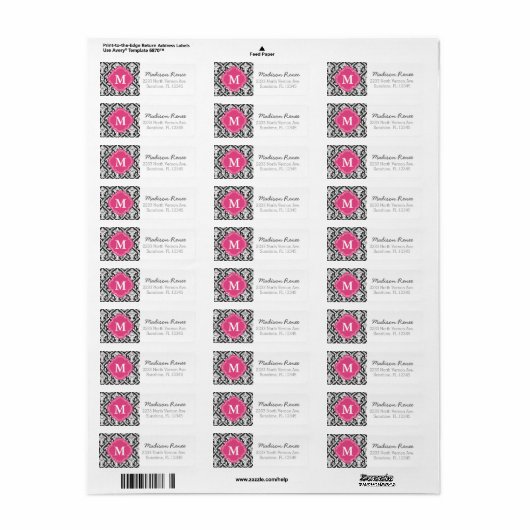 Zwart en Hot Pink Trendy Damask Custom Monogram Etiket (Full Sheet)