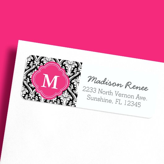 Zwart en Hot Pink Trendy Damask Custom Monogram Etiket