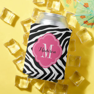 Zwart en Hot Pink Zebra Print Monogram Blikjeskoeler