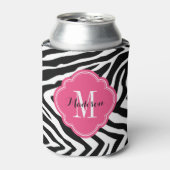 Zwart en Hot Pink Zebra Print Monogram Blikjeskoeler (Blikje Voorkant)