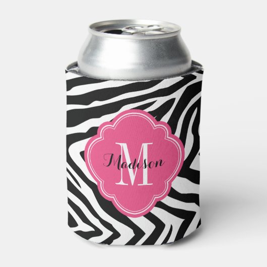 Zwart en Hot Pink Zebra Print Monogram Blikjeskoeler (Blikje Voorkant)