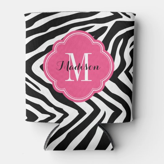 Zwart en Hot Pink Zebra Print Monogram Blikjeskoeler (Voorkant)