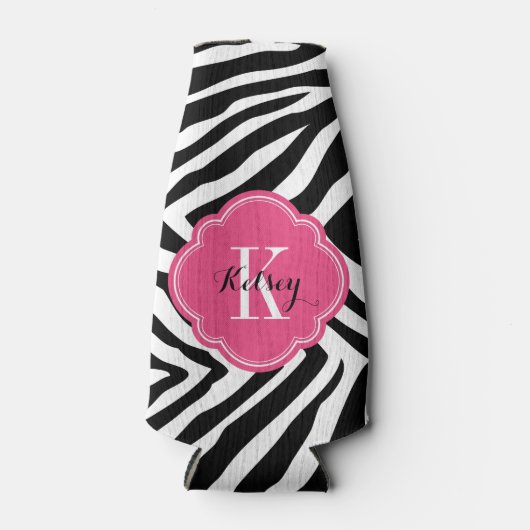 Zwart en Hot Pink Zebra Print Monogram Flesjeskoeler (Voorkant)