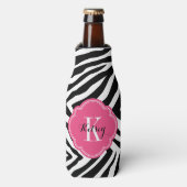 Zwart en Hot Pink Zebra Print Monogram Flesjeskoeler (Fles Voorkant)
