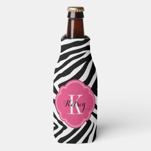 Zwart en Hot Pink Zebra Print Monogram Flesjeskoeler (Fles Voorkant)