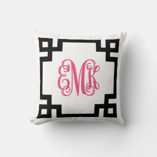 Zwart en Hot Roze Grieks Key Script Monogram Kussen