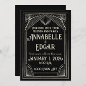 Zwart en Ivoor Art Deco Bruiloft Kaart (Voorkant / Achterkant)