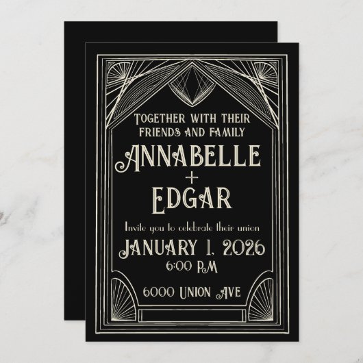 Zwart en Ivoor Art Deco Bruiloft Kaart (Voorkant / Achterkant)