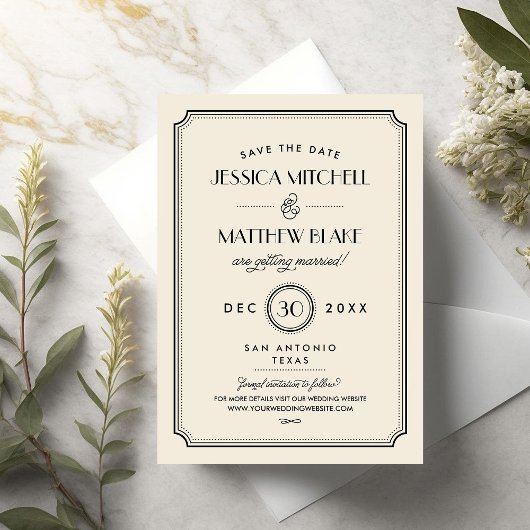 Zwart en Ivoor Art Deco Save the Date